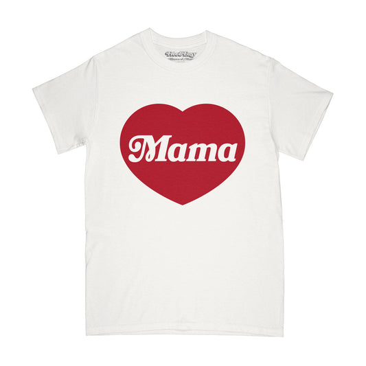 White t-shirt with a red heart and 'Mama' text on a white background
